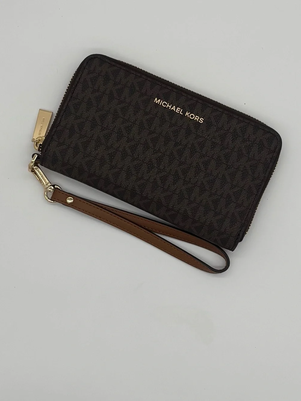Michael Kors Brown MK Logo Zip-Around Wristlet with Gold Hardware